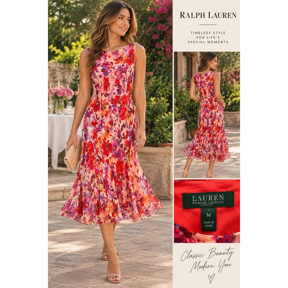 Lauren Ralph Lauren Silk Floral Midi Dress Red Pink Purple Sleeveless Size 8